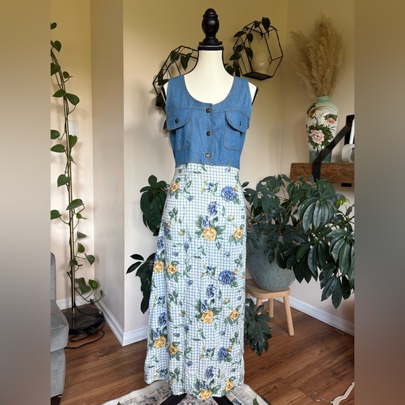 Dresses & Skirts - Vintage 90s Denim and Floral Maxi Dress